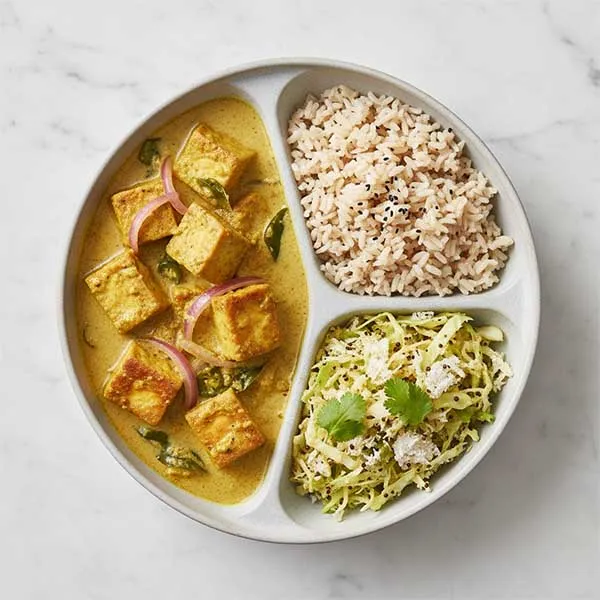 Srilankan Tofu Curry With Cabbage Mallum And Steamed Brown Rice
